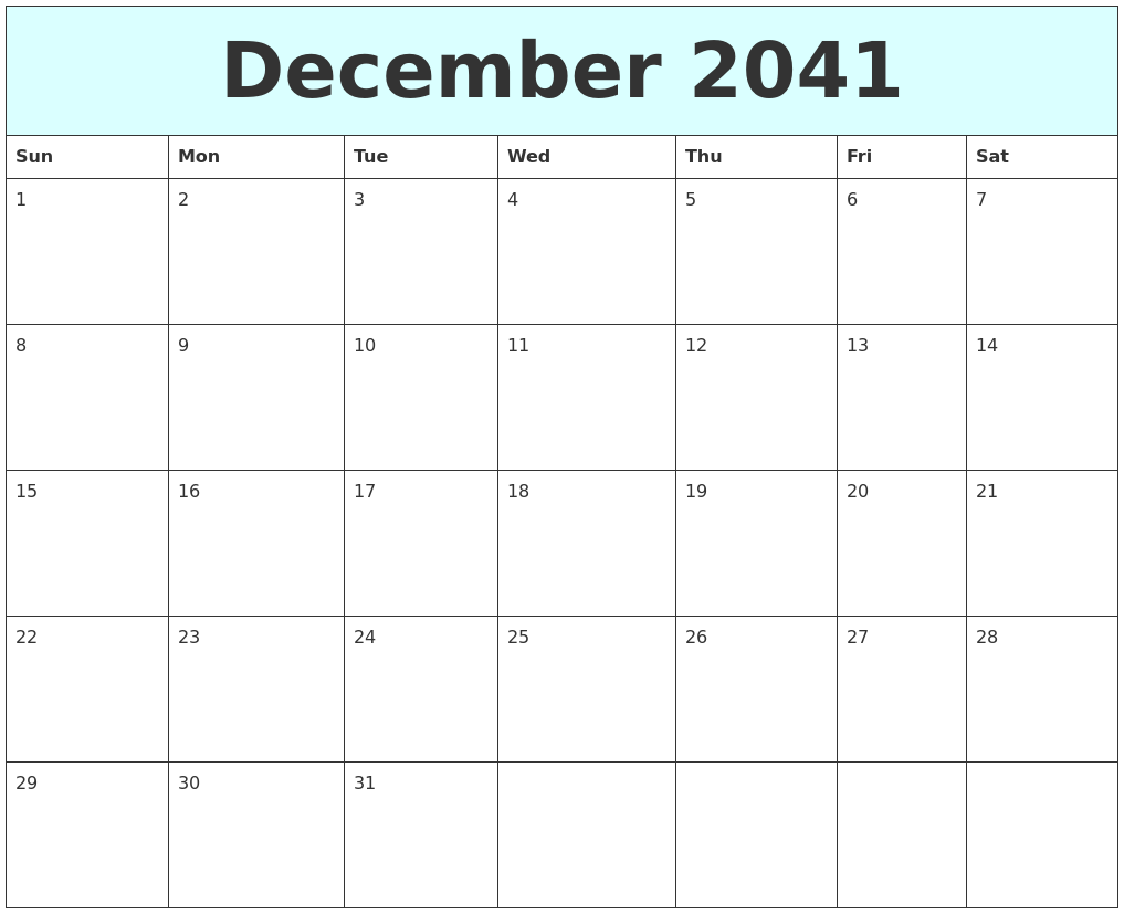 December 2041 Free Calendar