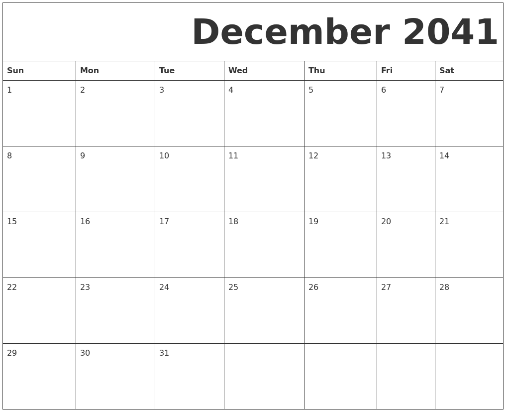 December 2041 Free Printable Calendar