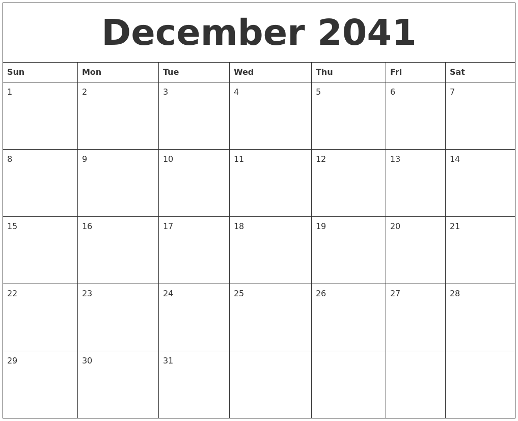 December 2041 Free Printable Calenders