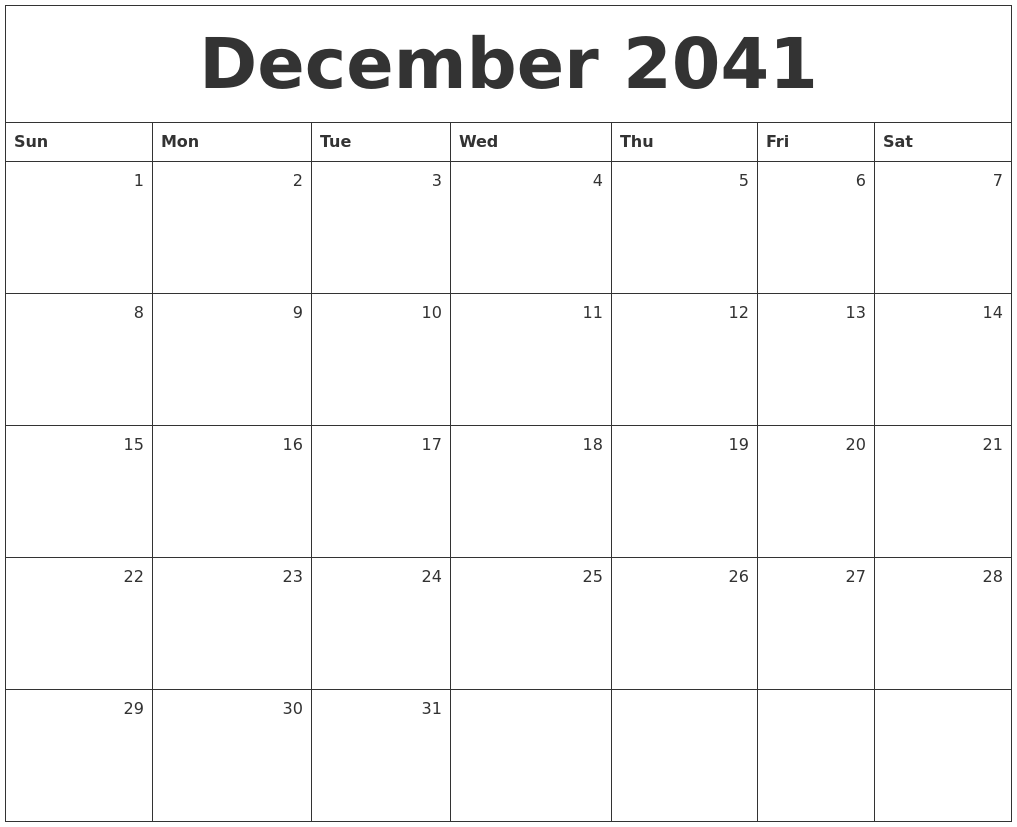 December 2041 Monthly Calendar
