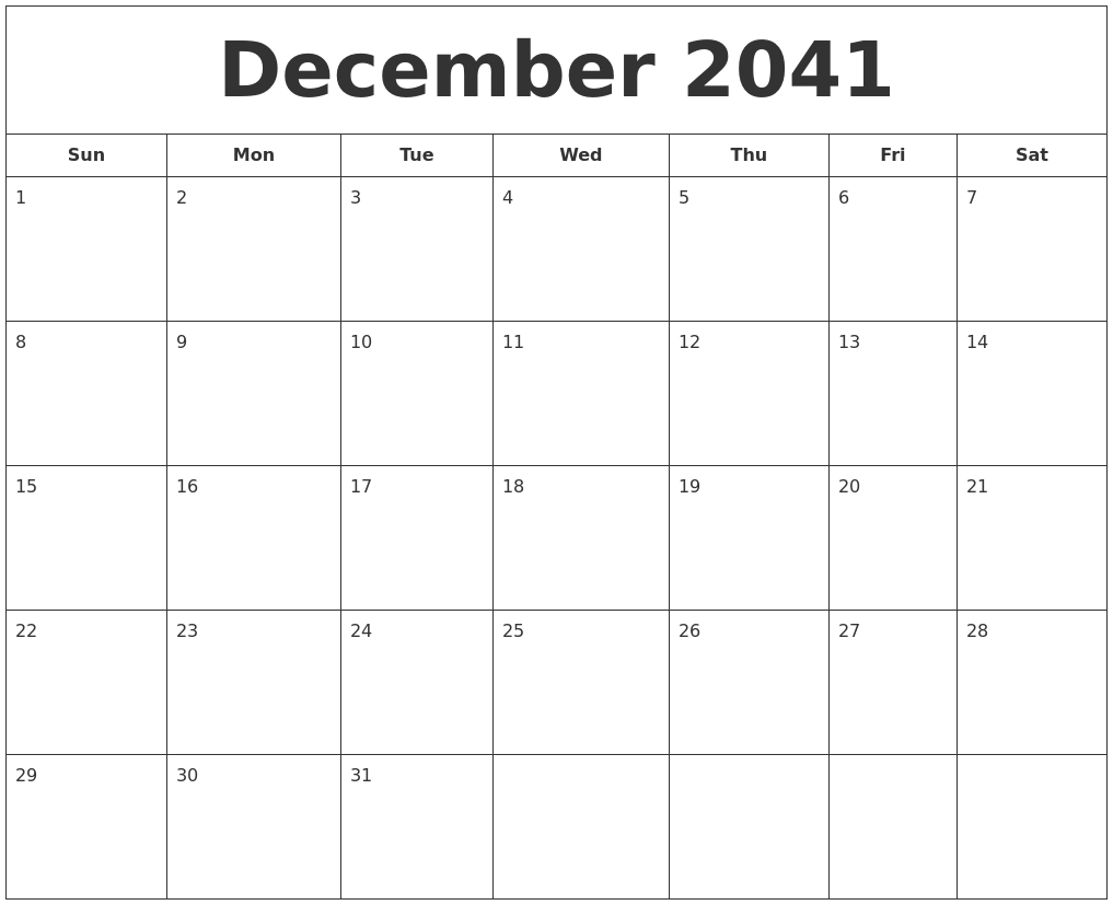 December 2041 Printable Calendar