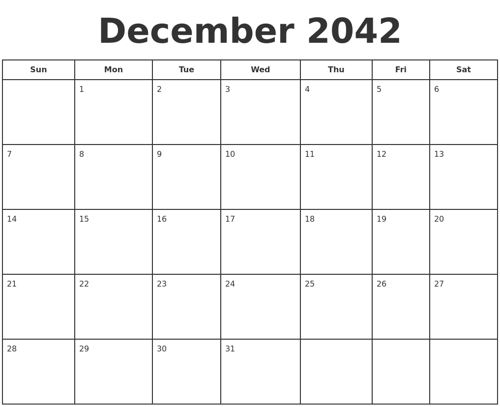 December 2042 Print A Calendar