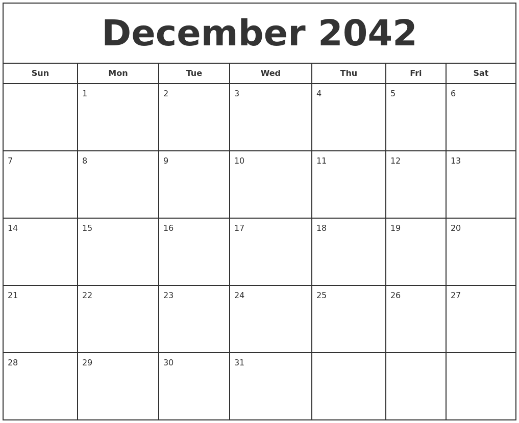 December 2042 Print Free Calendar