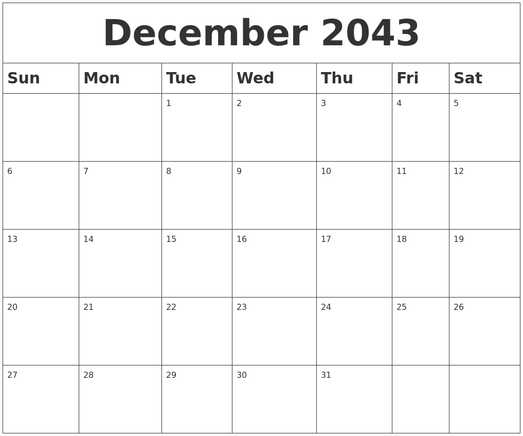 December 2043 Blank Calendar