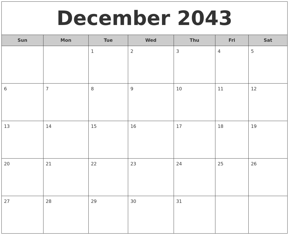 December 2043 Free Monthly Calendar