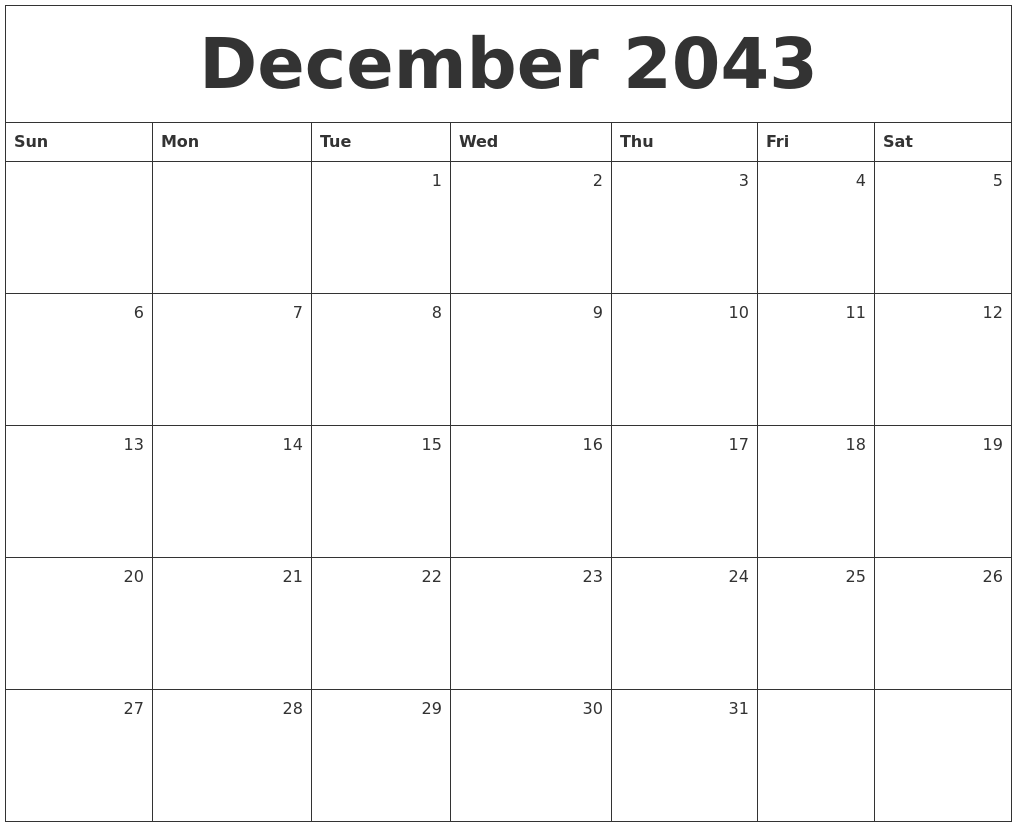 December 2043 Monthly Calendar