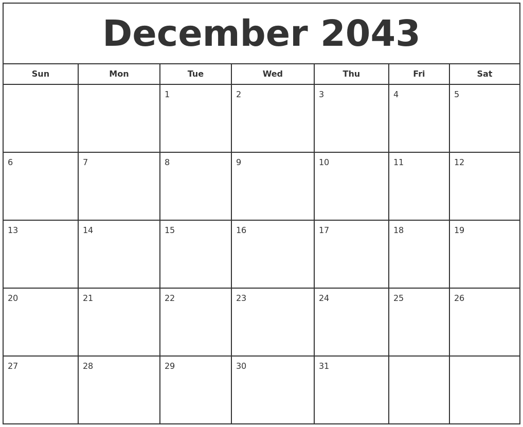 December 2043 Print Free Calendar