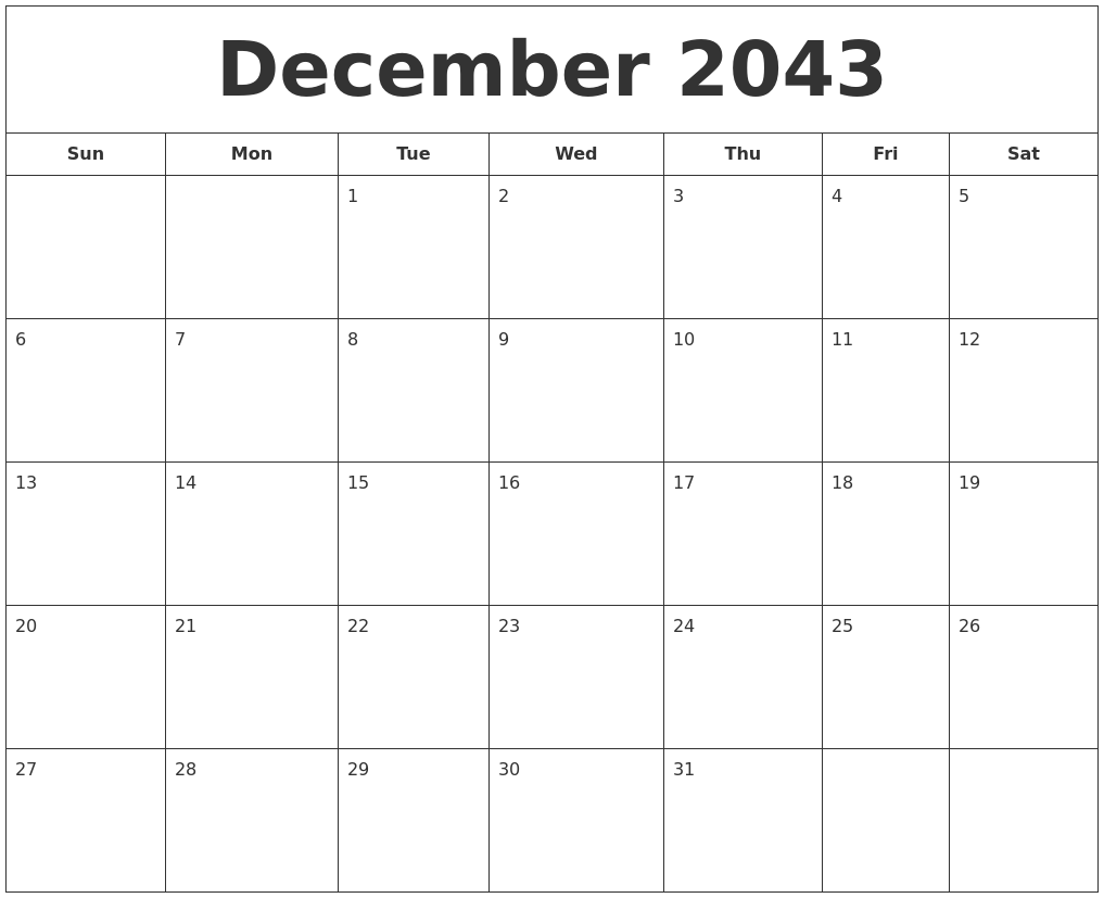 December 2043 Printable Calendar