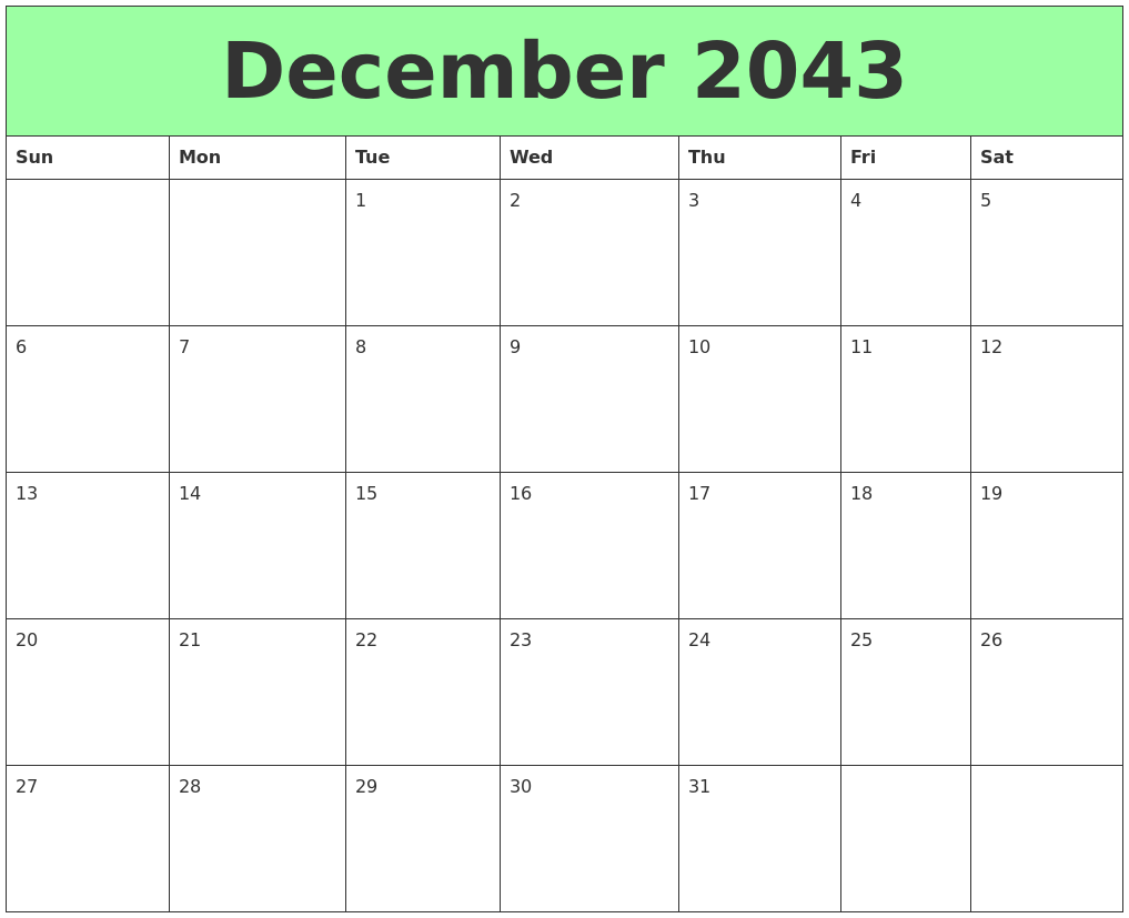 December 2043 Printable Calendars