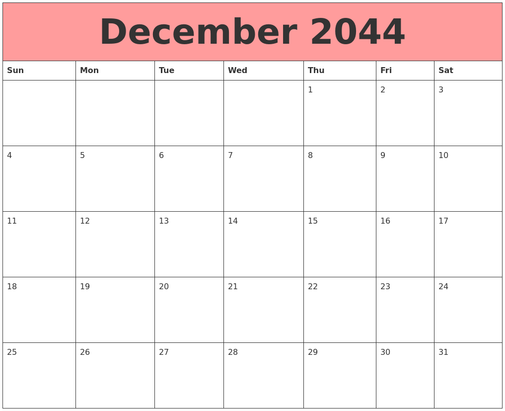 December 2044 Calendars That Work
