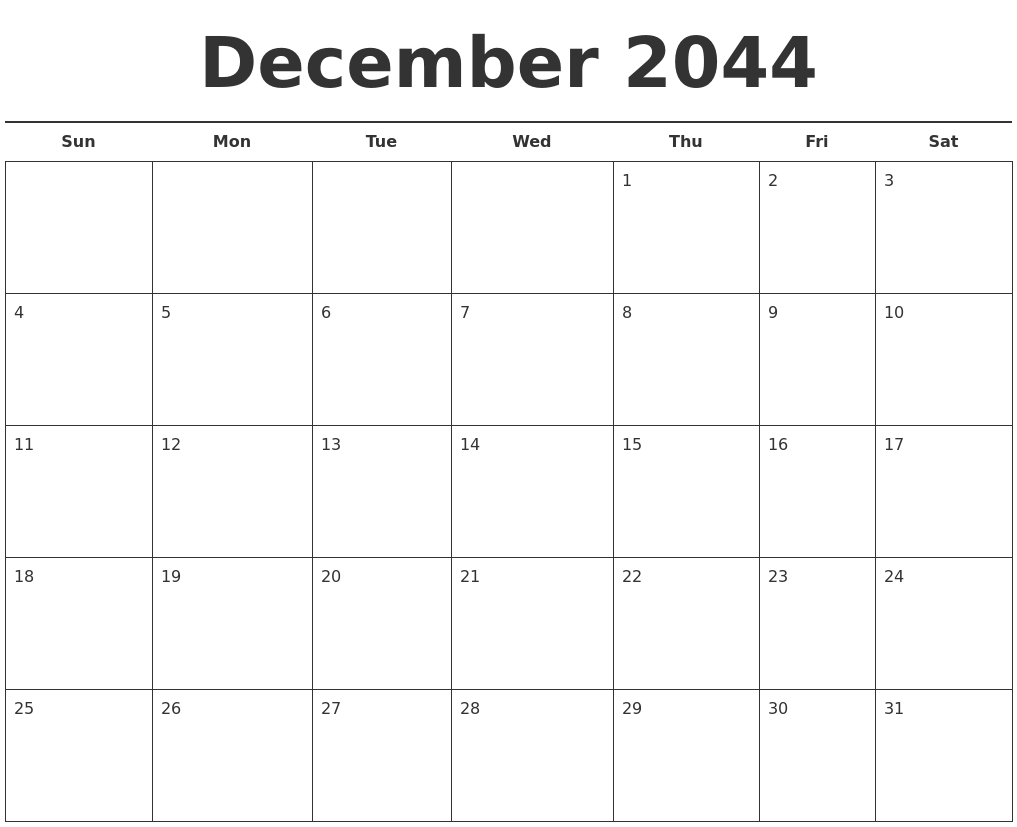 December 2044 Free Calendar Template