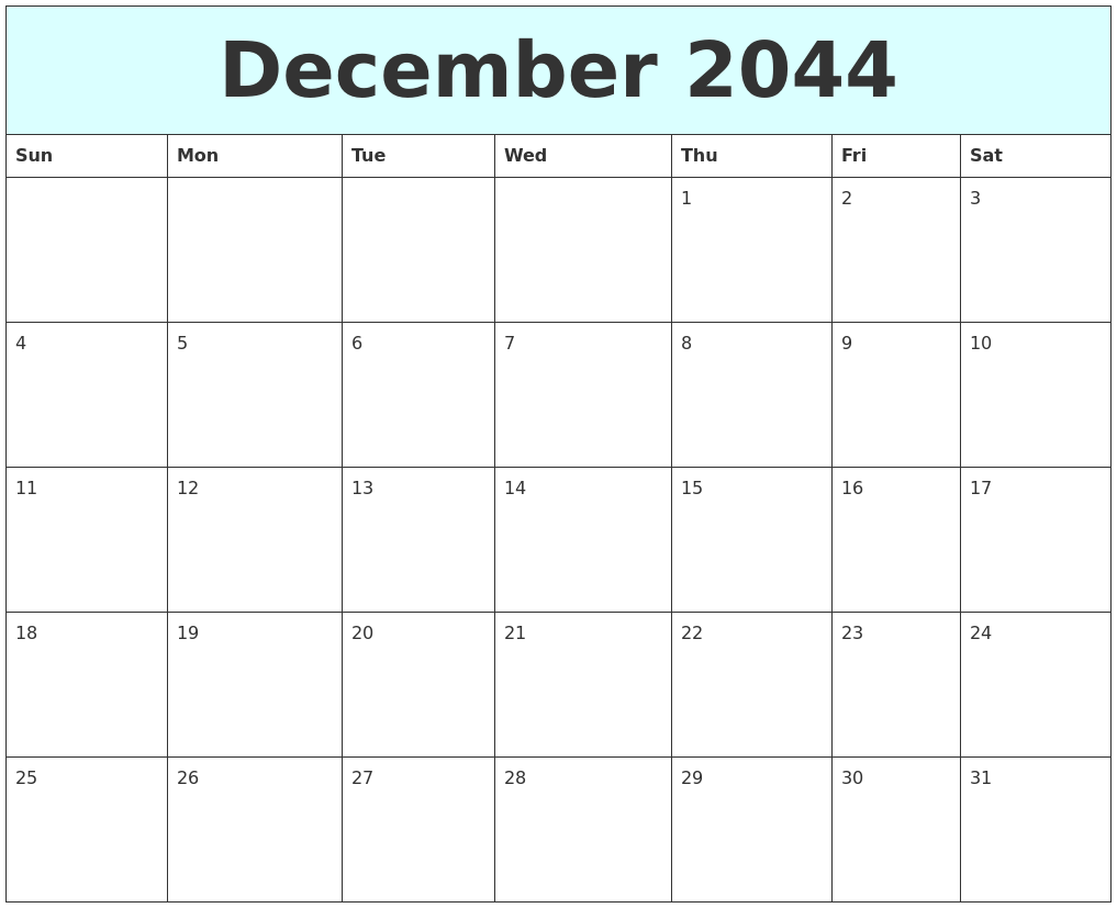 December 2044 Free Calendar