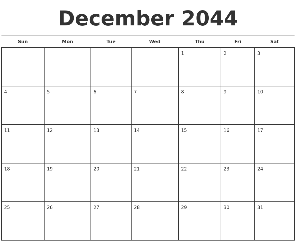 December 2044 Monthly Calendar Template