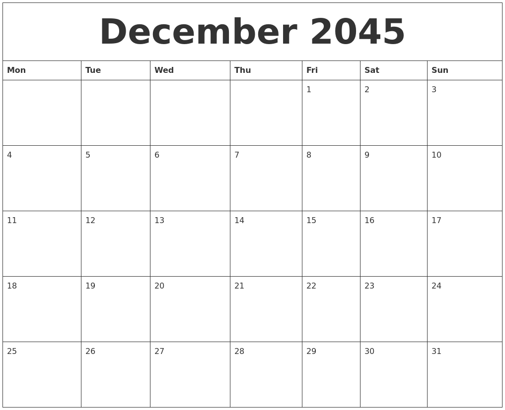 December 2045 Calendar Printable Free
