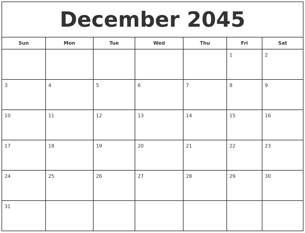 December 2045 Print Free Calendar