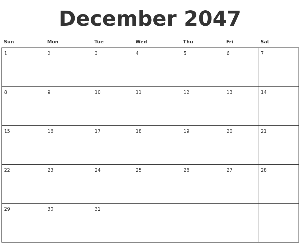 December 2047 Calendar Printable