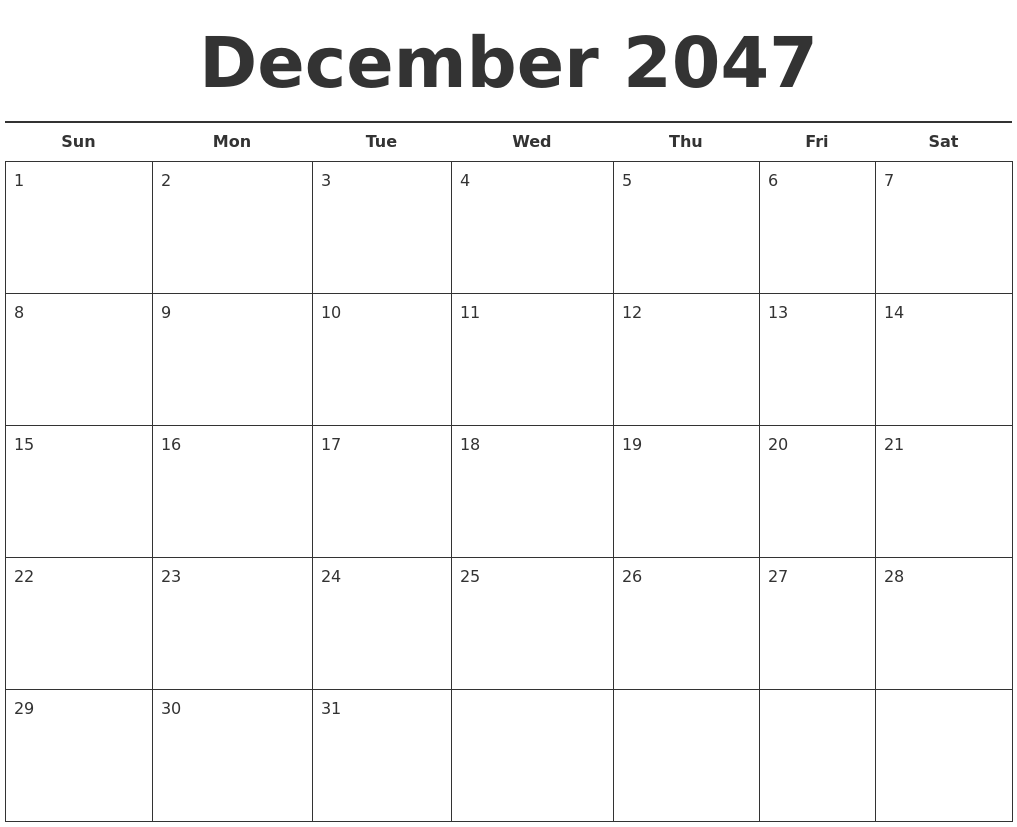 December 2047 Free Calendar Template