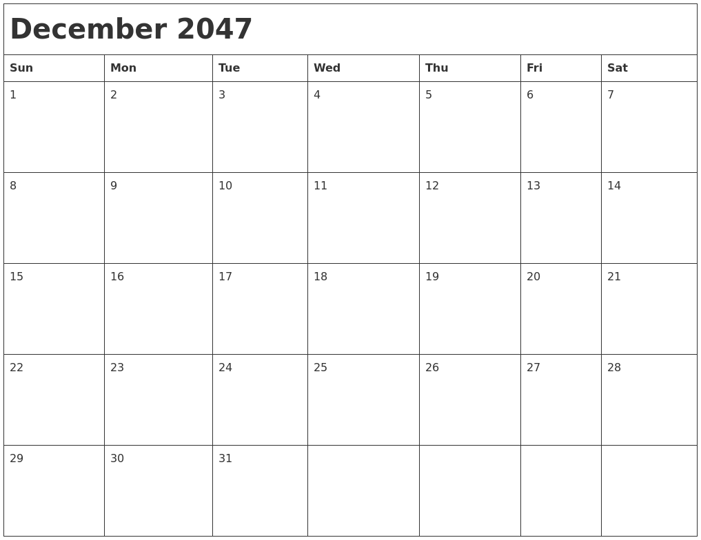 December 2047 Month Calendar