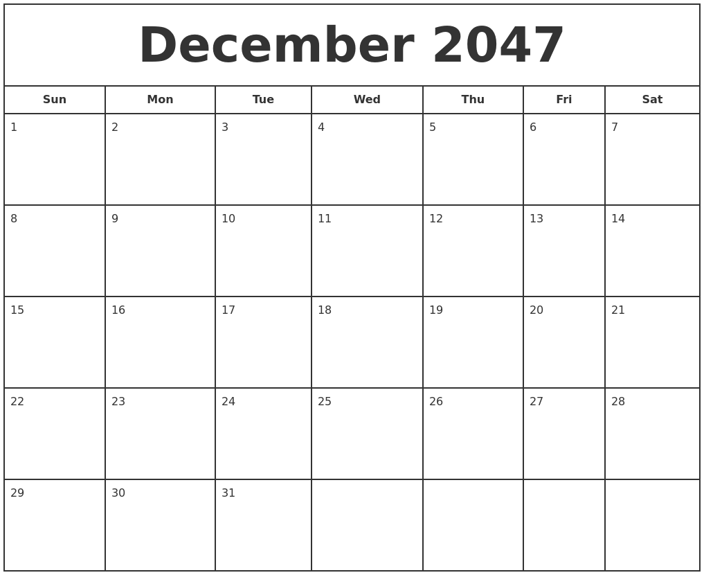 December 2047 Print Free Calendar