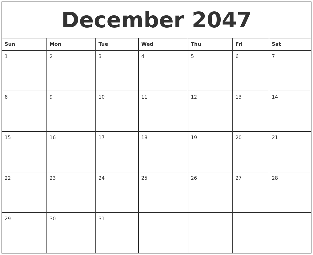 December 2047 Printable Monthly Calendar