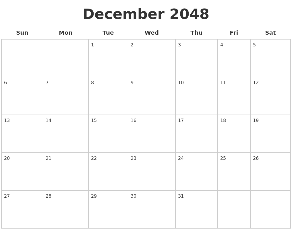 December 2048 Blank Calendar Pages