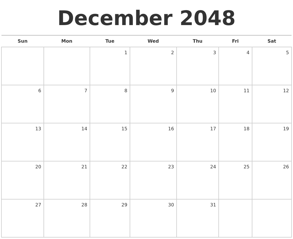 December 2048 Blank Monthly Calendar