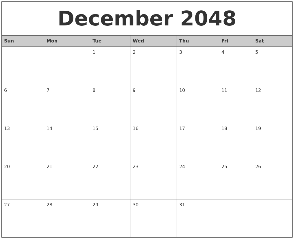 December 2048 Monthly Calendar Printable