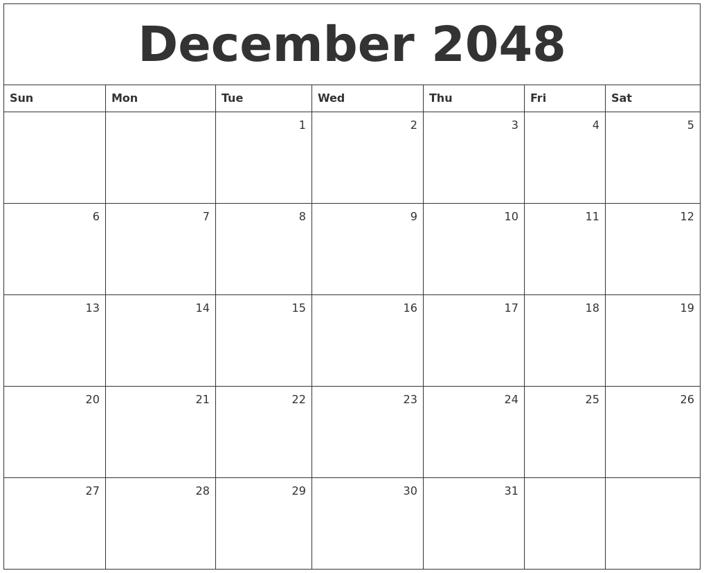 December 2048 Monthly Calendar