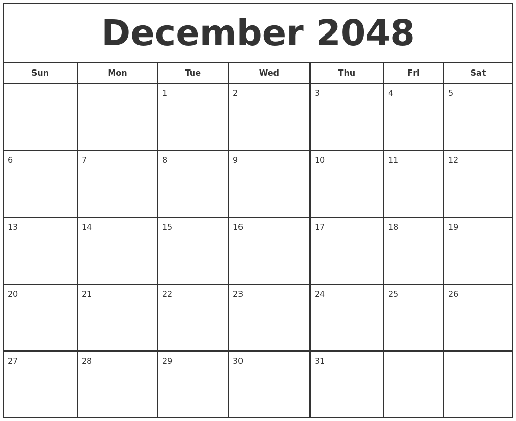 December 2048 Print Free Calendar
