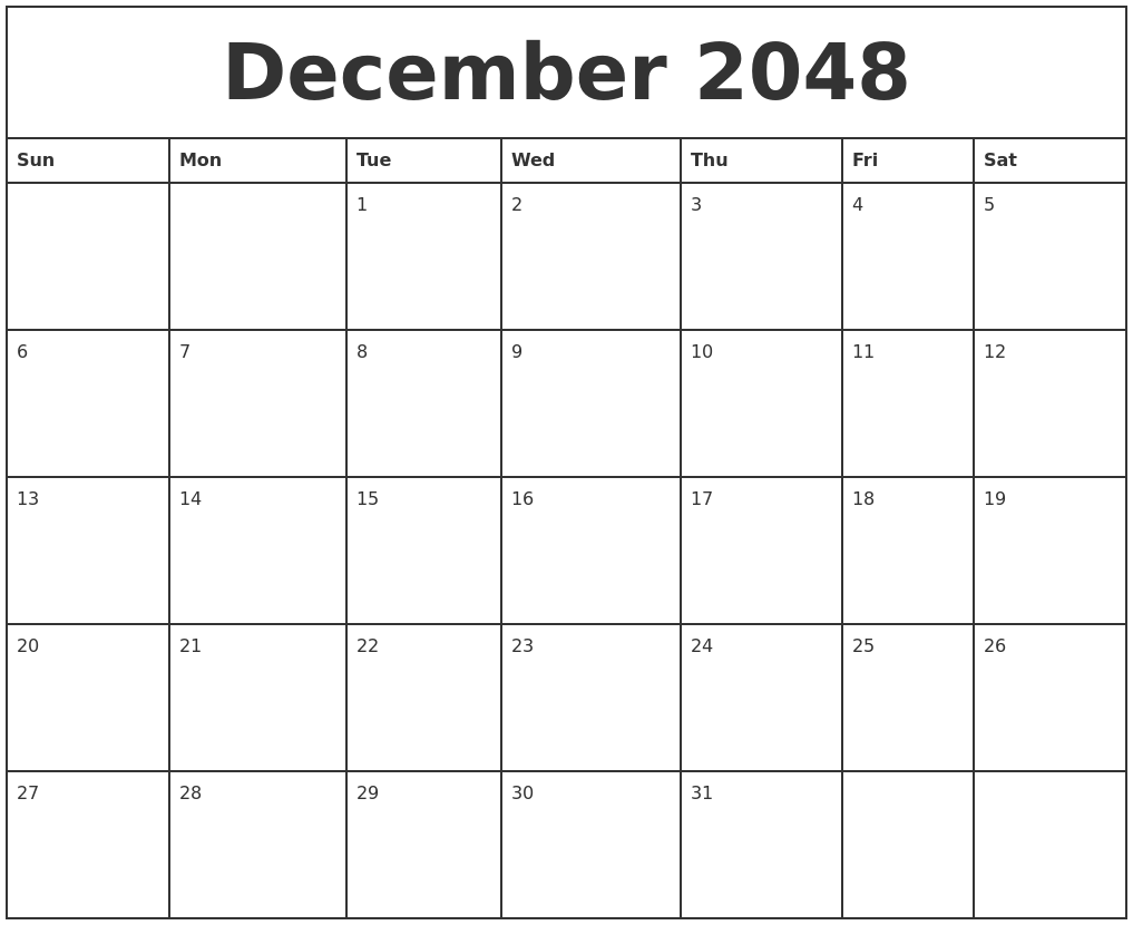 December 2048 Printable Monthly Calendar