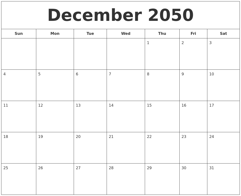 December 2050 Printable Calendar