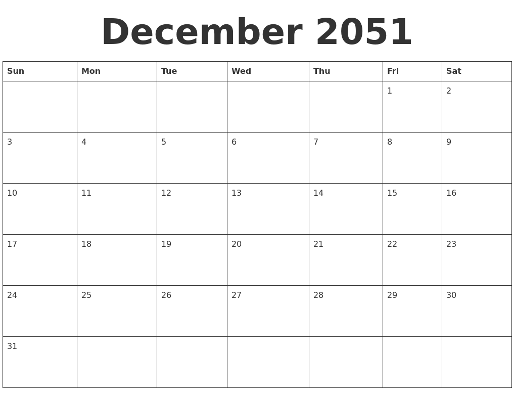 December 2051 Blank Calendar Template