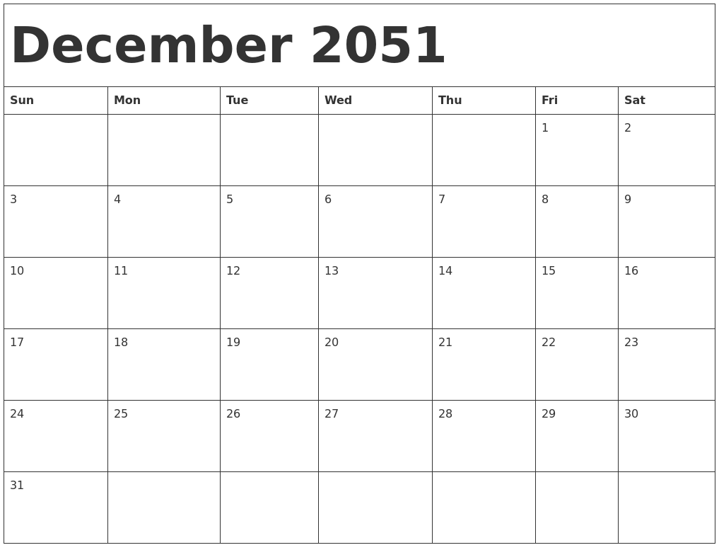December 2051 Calendar Template