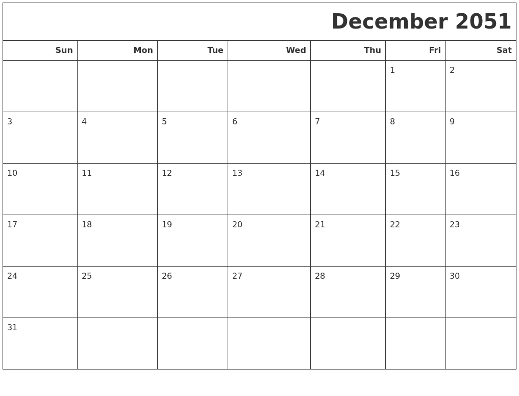 December 2051 Calendars To Print