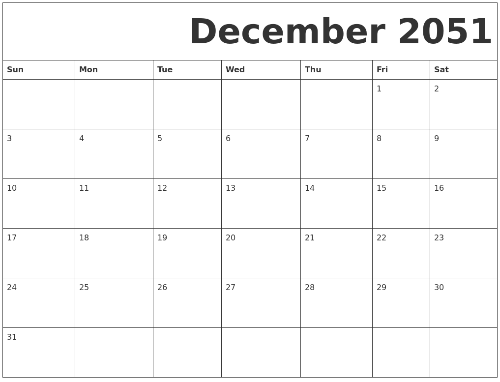 December 2051 Free Printable Calendar