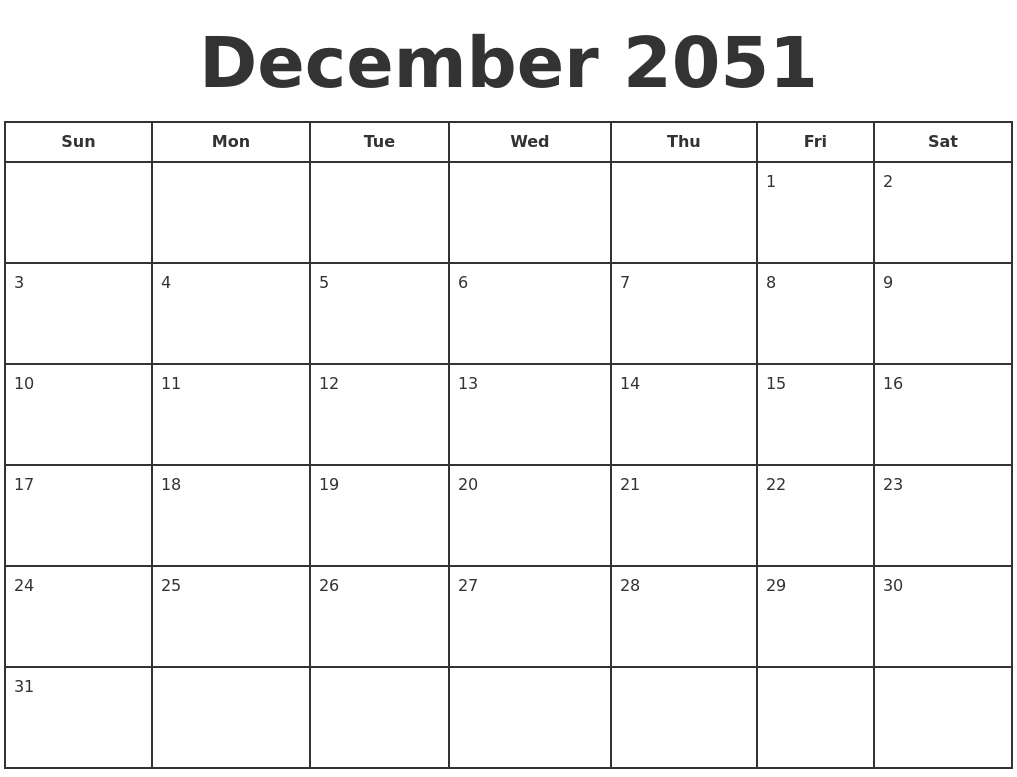 December 2051 Print A Calendar