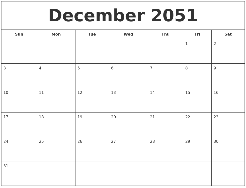 December 2051 Printable Calendar