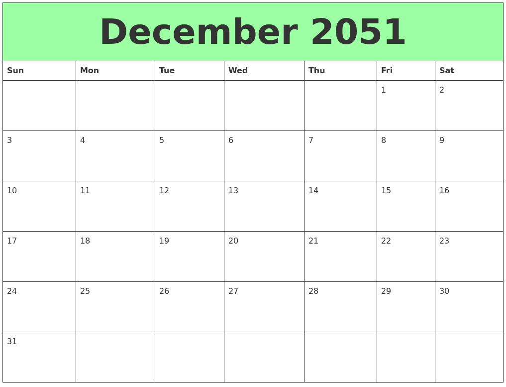 December 2051 Printable Calendars