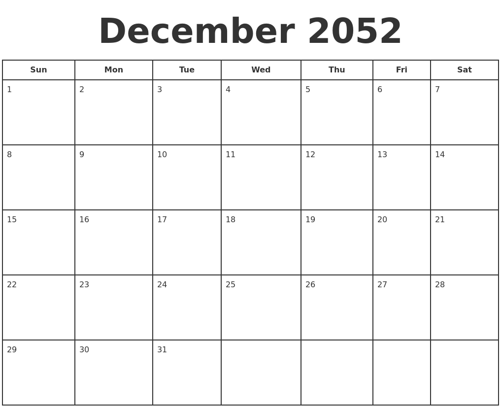 December 2052 Print A Calendar