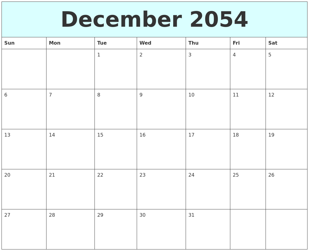 December 2054 Free Calendar