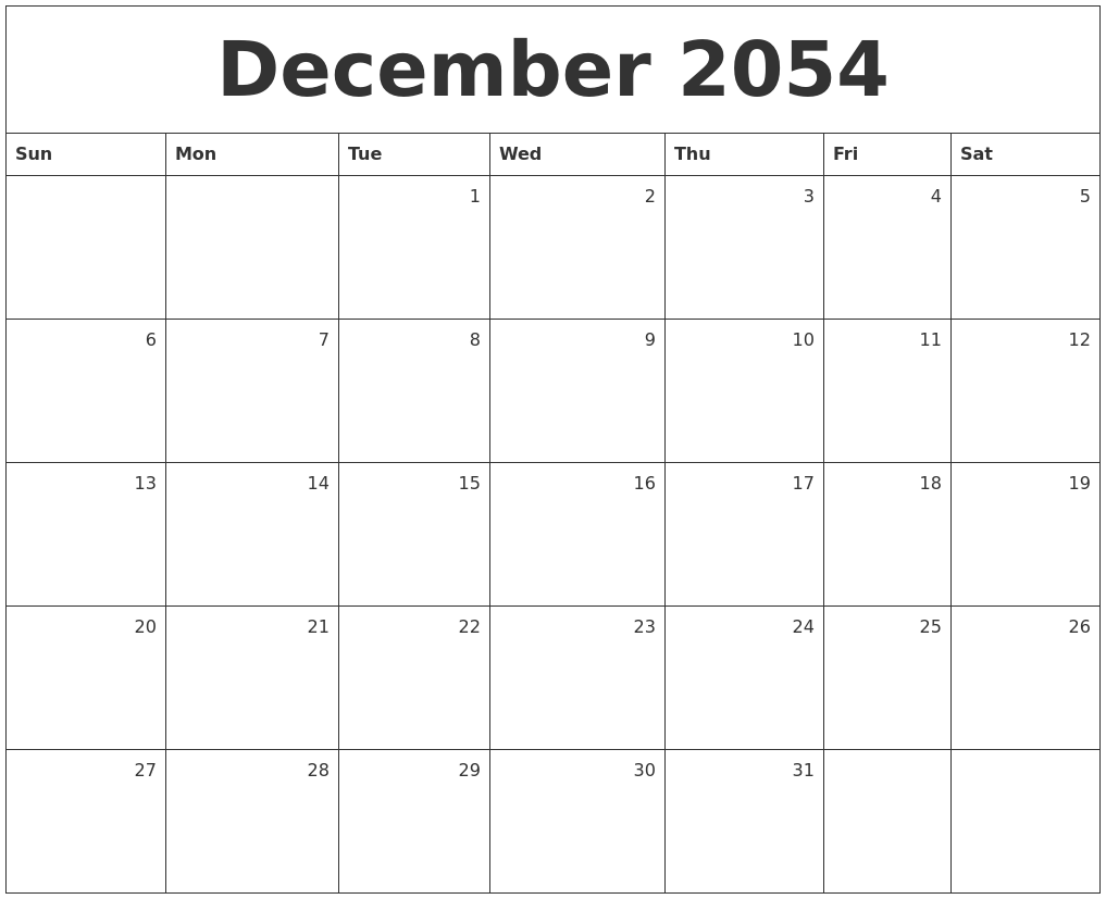 December 2054 Monthly Calendar