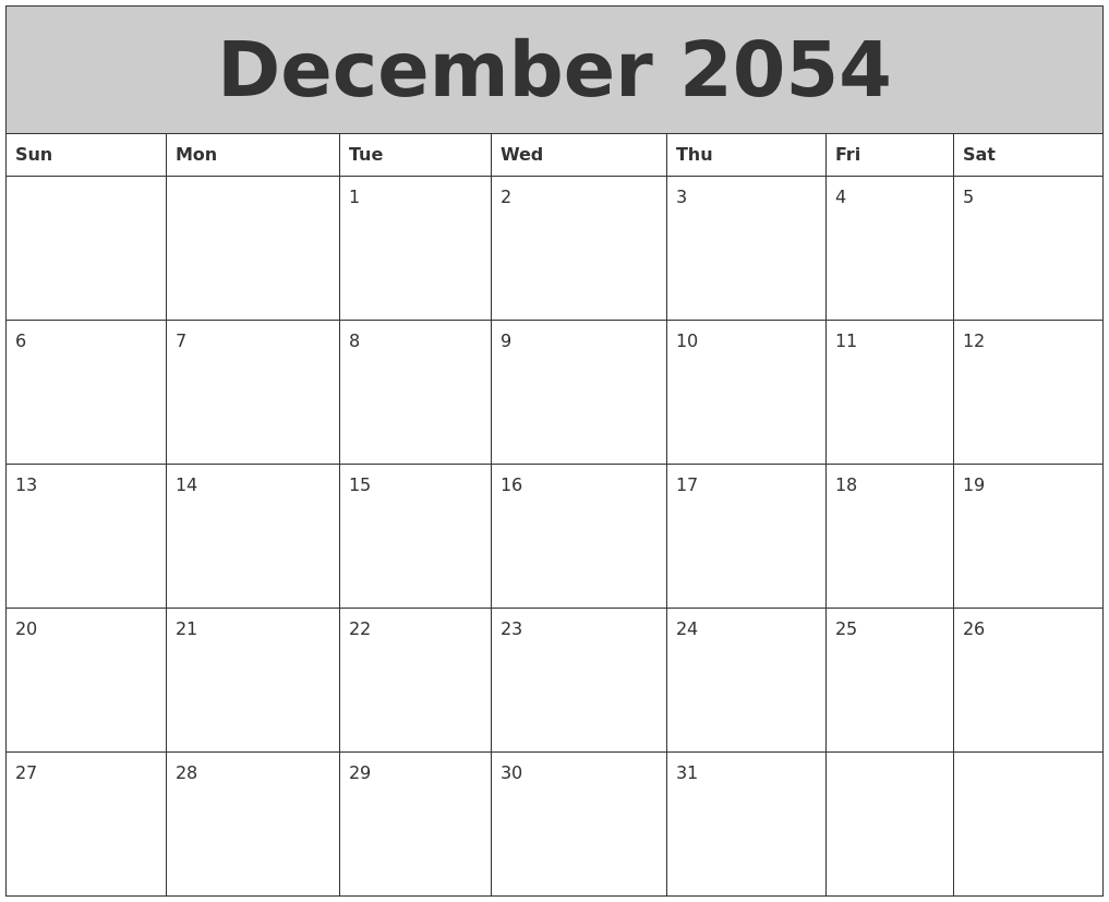 December 2054 My Calendar