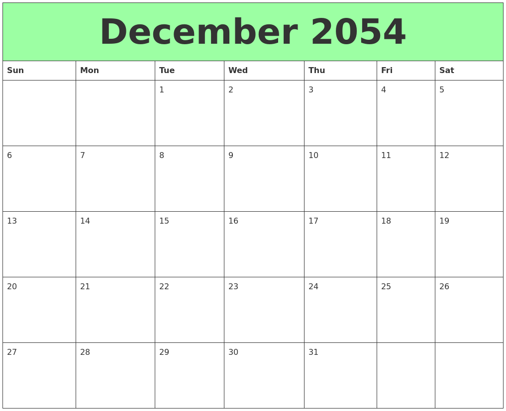 December 2054 Printable Calendars