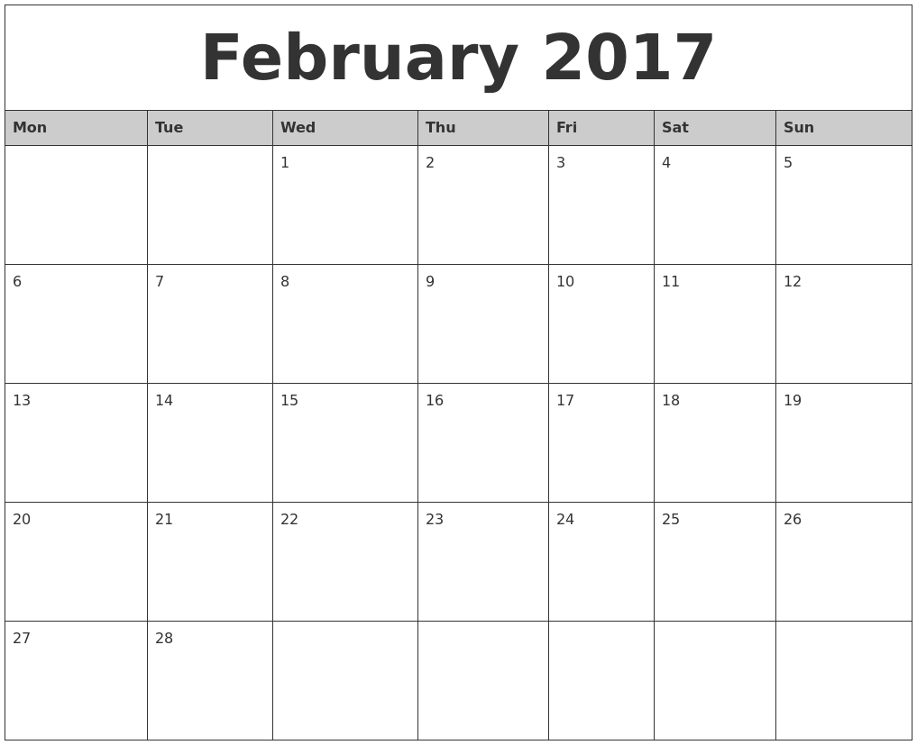 Feb 3 2017 Calendar