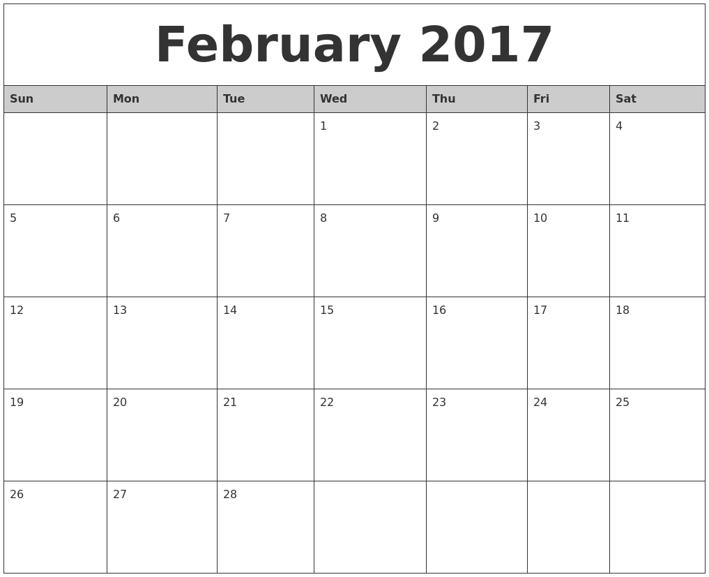 February 2017 Monthly Calendar Printable