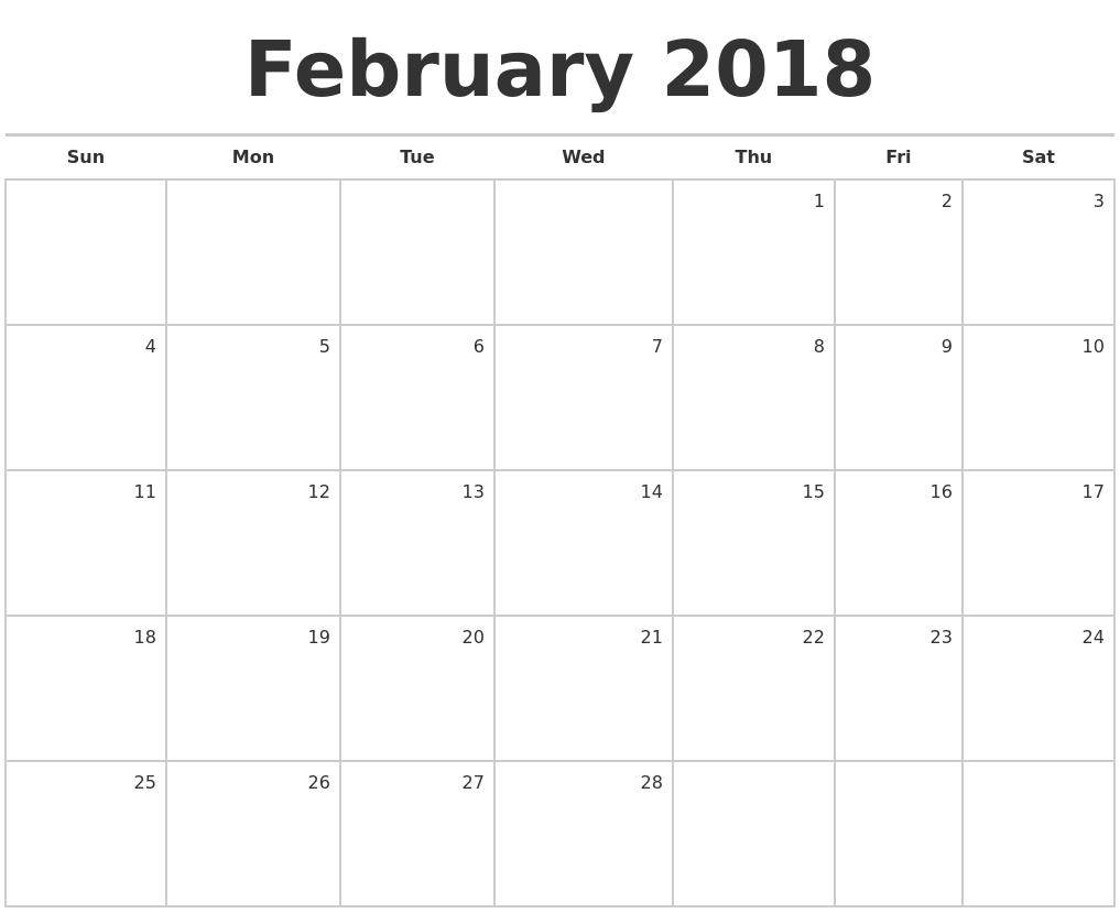 Blank February 2018 Calendar