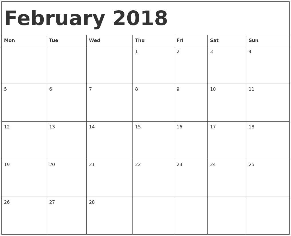 2018 calendar print out