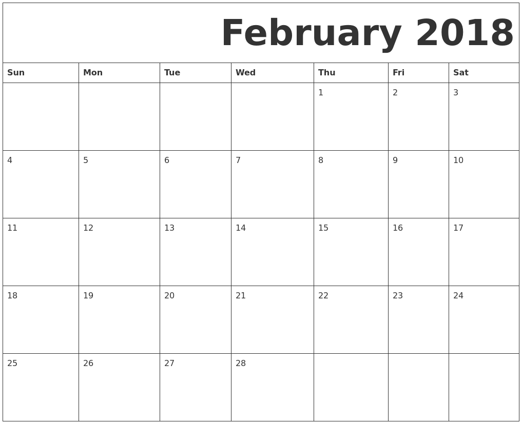 Blank February Calendar 2018