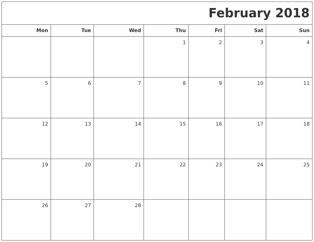 february calendar page 2018