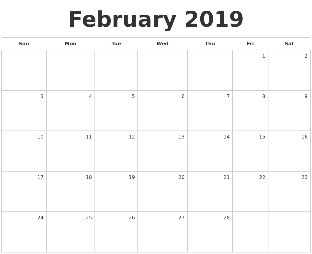 Blank 2019 February Calendar